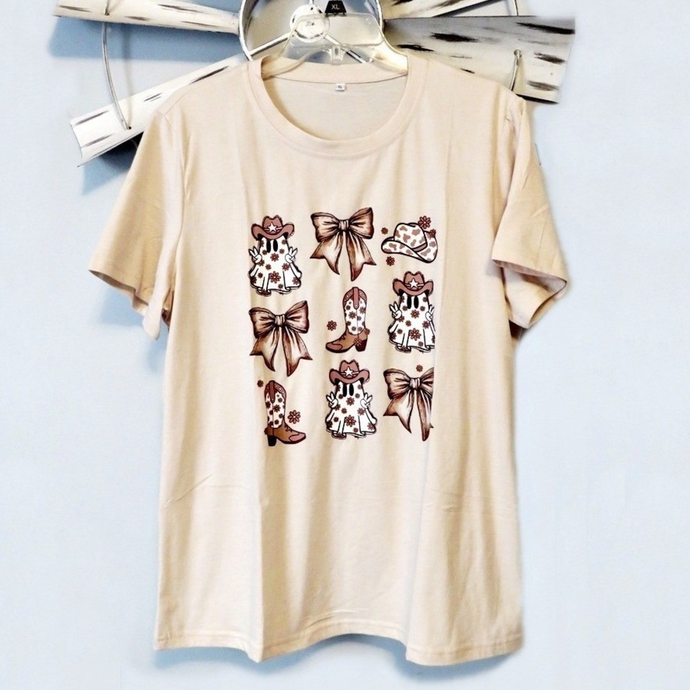 Woman's Western T-Shirt‎ Cowboy Boots, Bows & Cowgirl Hats Ghost Tee Size XL